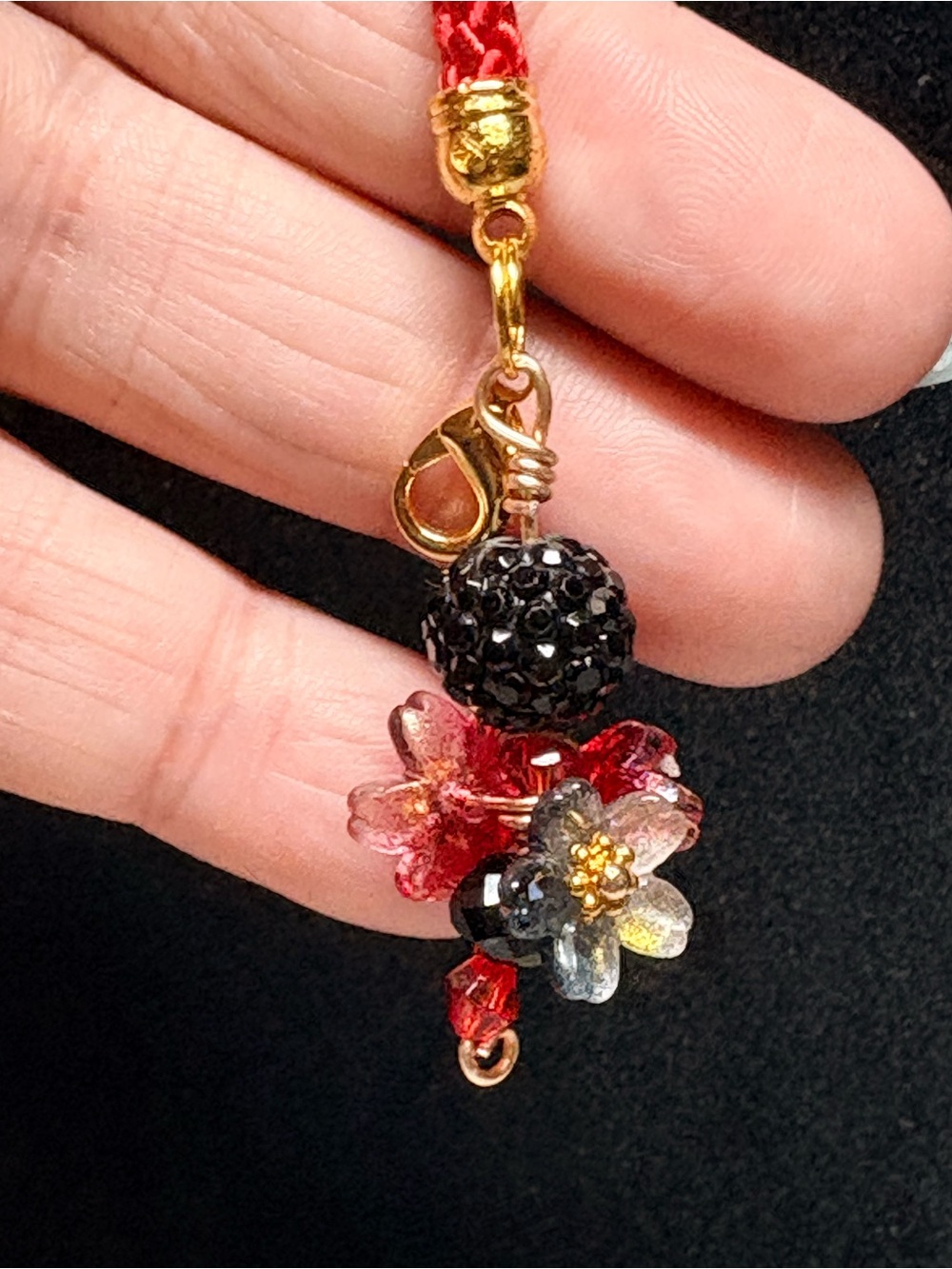 RED Braided Leather cell phone Charm with Floral Pendant